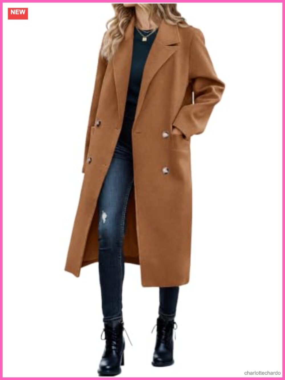 Women Double Breasted Long Sleeve Pea Coat Loose Fit Windproof Wool Overcoat